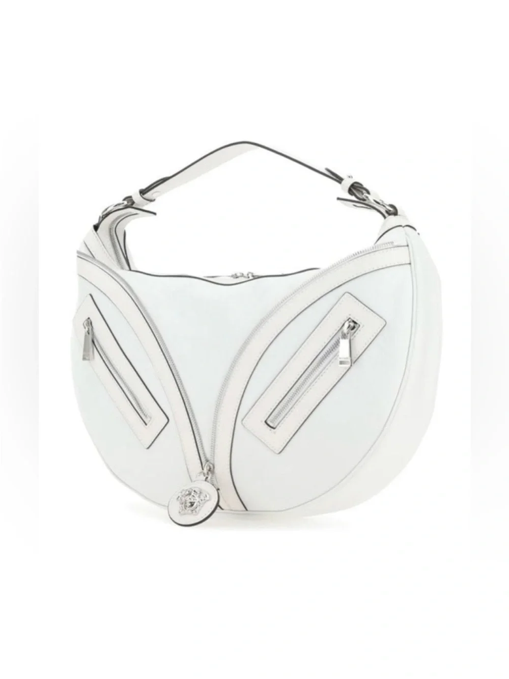Versace Optical White Calfskin Crescent Hobo Shoulder Bag Silver Hardware